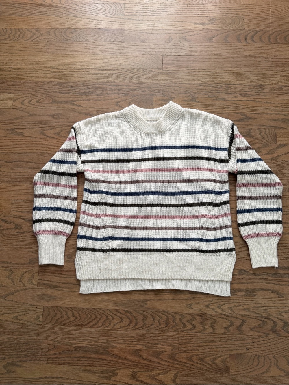 SO Cream Crewneck Sweater with Navy, Black, and Pink Stripes